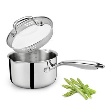 Imagem de Cyrosa Caçarola de aço inoxidável de 4 litros com tampa de filtro, panela de molho para fogão, bicos laterais para despejar facilmente, pode ser lavado na lava-louças