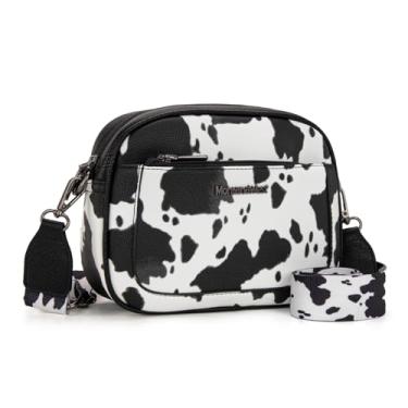 Imagem de Montana West Bolsas femininas pequenas com estampa de vaca e zíper triplo com alça larga, Vaca / preta, Small, Bolsa tiracolo