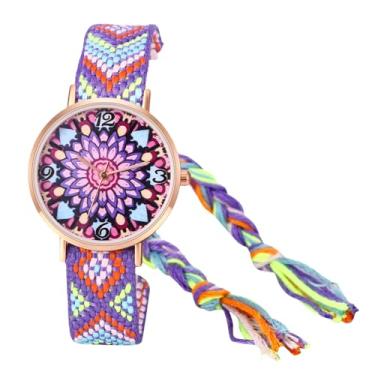 Imagem de JewelryWe Relógio feminino trançado: relógio de pulso de quartzo com mostrador de flores redondo feito à mão étnico ajustável com cordão, B, Relógio trançado trançado