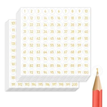 Imagem de Etiquetas adesivas com números dourados 1000 peças, adesivos de número consecutivo de 2,5 cm 1-200, adesivo numerado de vinil, autoadesivo e livre de resíduos, uso em ambientes internos e externos