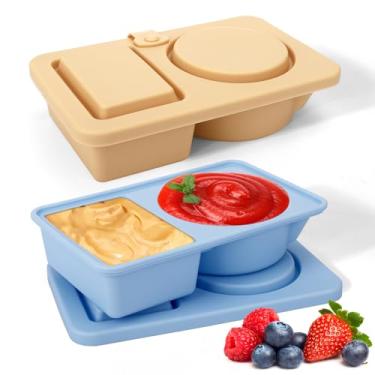 Imagem de AIERSA 3 recipientes de silicone para lanches com tampas, pacotes de lanche reutilizáveis, 2 compartimentos, pequena caixa de lanche para viagem, caixa de lanche segura para lava-louças