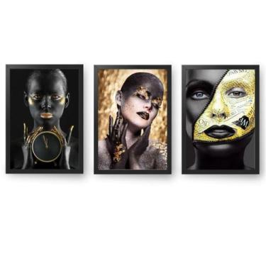 Imagem de Quadro Decorativo 3Peças 60X40 Moldura Mulher Negra Dourada - X4adesiv