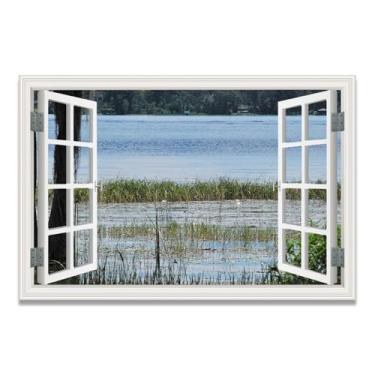 Imagem de LKXGRRSFG Impressão em tela Lush Water PlantsFaux Window Nature Scene – Arte de paisagem realista para decoração de parede de casa 7 x 30 cm