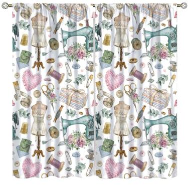 Imagem de Cortina de janela com tema de costura, máquina de costura vintage, padrão aquarela, cortinas blackout para quarto, café, sala de jantar, escritório, sala de estar, cozinha, cortinas, 107 x 137 cm