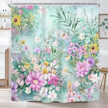 Imagem de AMBZEK Cortina de chuveiro floral turquesa azul-petróleo, 182 cm L x 182 cm C verde menta, flores silvestres, plantas rústicas, folhas, tecido de arte botânica, tecido impermeável, poliéster, conjunto