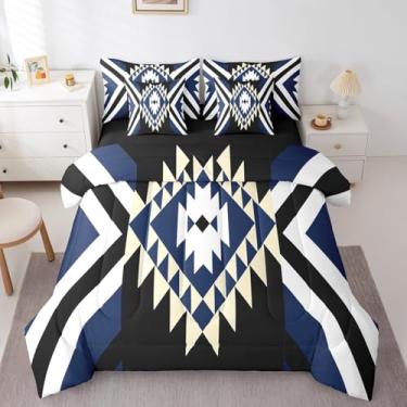 Imagem de Feelyou Conjunto de cama infantil casal azul e preto boho ocidental tribal asteca do sudoeste com lençol com lençol geométrico vintage para meninos e meninas