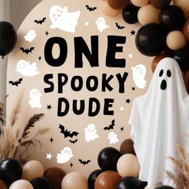 Imagem de Decalque de aniversário One Spooky Dude adesivos de pano de fundo para chá de bebê, decalques de festa revelação de gênero de Halloween, decalques de festa de primeiro aniversário para bebê, tema de