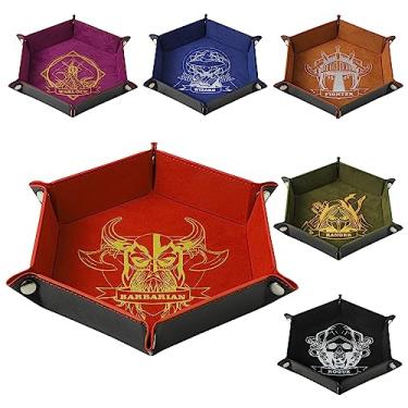 Imagem de Grajar Bandeja de dados DND com 6 peças com estampa de personagens para jogos de mesa RPG D&D – Caixa de armazenamento dobrável de couro PU e suporte de veludo