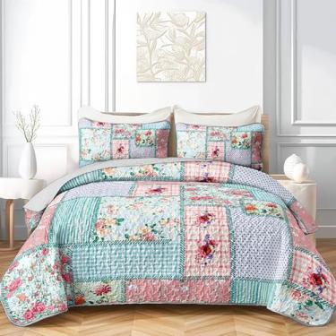 Imagem de QOOMO Conjunto de colcha de retalhos floral, tamanho Queen, conjunto de 3 colchas com estampa de flores xadrez coloridas, boêmio, microfibra macia, leve, com 2 fronhas para todas as estações