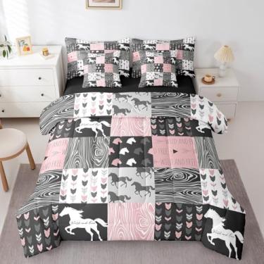 Imagem de Erosebridal Conjunto de edredom solteiro de unicórnio para meninas, solteiro, cavalo, branco, caubói ocidental, vaqueiras, xadrez, buffalo, listras de flecha, decoração de quarto, rosa e preto