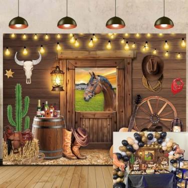 Imagem de Pano de fundo de cowboy ocidental selvagem rústico rodeio de madeira cavalo de celeiro fotografia para crianças adultos faixa de decoração de festa ocidental (208 x 149,9 cm)