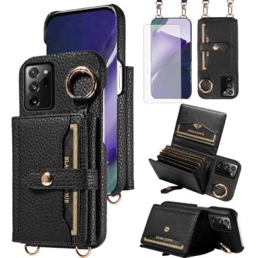 Imagem de Furiet Capa carteira para Samsung Galaxy Note 20 Ultra 5G com tela de vidro temperado alça de ombro e fivela de anel, porta-cartões para Note20 Plus Notes 20Ultra Note20+ U + 20+ Twenty Not S20 preta