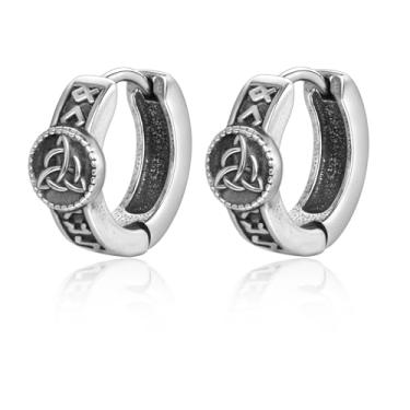 Imagem de Lantine Brincos de argola viking de aço inoxidável para homens gravados nórdico nó celta runa com dobradiça vintage punk gótica, Aço inoxidável, Sem pedra preciosa
