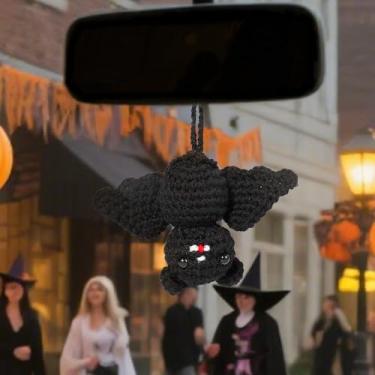 Imagem de Rislobx Espelho retrovisor de carro de morcego de crochê, enfeite de pingente de carro de morcego fofo de malha, decoração de espelho pendente feito à mão, acessórios interiores automotivos (morcego)