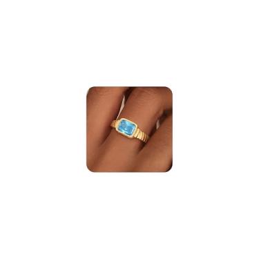 Imagem de ZHESHY Anéis de ouro para mulheres com pedra preciosa vintage não manchada, anéis de esmeralda, banhado a ouro 14 K, anel de polegar de zircônia cúbica, presente para aniversário, tamanho 6-10, Latão