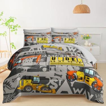 Imagem de QOOMO Conjunto de edredom infantil para meninos e meninas, tamanho casal, cinza, caminhão, carros, decoração de quarto, escavadeira, trator, colcha com edredom, lençóis e fronhas