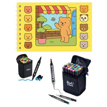 Imagem de Livro Colorir com Canetinhas Kit Livro De Pintura Amarelo + 24 Canetas Ponta Dupla Marcadora Canetinhas para Colorir Capa Dura Holográfica com Acetato 50 desenhos A5