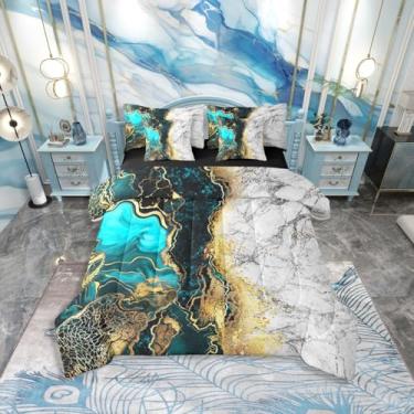 Imagem de Erosebridal Conjunto de edredom King azul-petróleo com 7 peças, cinza, mármore, abstrato, para crianças, adolescentes e adultos, conjunto de cama de mármore com lantejoulas metálicas douradas