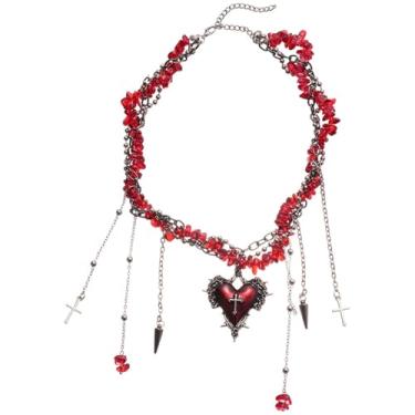 Imagem de Kokoma Colar gargantilha gótico de Halloween com cruz de coração vermelho, contas vermelhas, corrente em camadas, cone de cruz, pingente de borla, pingentes para acessório de festa de Halloween