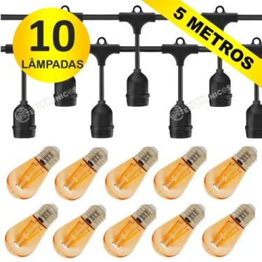 Imagem de Kit Varal de Luzes 5m com 10 Lâmpadas LED 2W S14 Branco Quente 110V Em