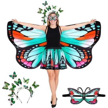 Imagem de Rngmsi Fantasia de xaile de asas de borboleta – capa de asa de borboleta de fada verde vermelha com faixa de cabeça, conjunto de saia para mulheres, acessório para fotos de cosplay diário, fantasia de