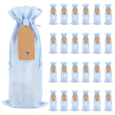 Imagem de BUNCHBRAVO Pacote com 24 sacos de vinho de serapilheira com etiquetas de presente e corda de juta, sacos de garrafa de vinho rústicos com cordão para casamentos, festas e feriados (azul claro)