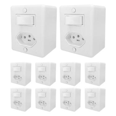 Imagem de Kit 10 interruptor 1 tecla simples 6A Com Tomada 10A 2 Pino + Terra 25