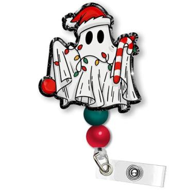 Imagem de GAHAPI Carretel de crachá de Natal – Carretel de crachá fantasma – Suporte retrátil para crachá de identificação com clipe jacaré, chapéu de Papai Noel fofo fantasma e bengala doce, presente de contas