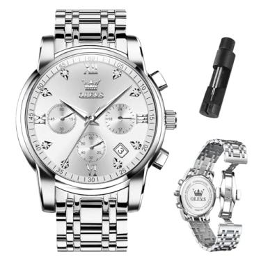 Imagem de OLEVS Relógio masculino de luxo, impermeável, luminoso, fácil leitura, cronógrafo, dourado, branco, diário, preto, com calendário, relógio de pulso, 2858 - Prata e rosto branco, round, Relógios