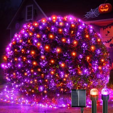 Imagem de WBao Luzes solares de Halloween ao ar livre 200LED F8 lâmpadas grandes, 2,6 m x 1,6 m, luzes de rede de Halloween com controle remoto, 8 modos, temporizador, conectável, impermeável e fio verde escuro