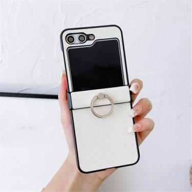 Imagem de Capa de suporte de anel de diamante com padrão de couro para Samsung Z Flip 6 5 4 3 ZFlip 6 Flip 5 4 Suporte de anel 3 em 1 capa, branca, para Samsung Z Flip3