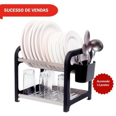 Imagem de Escorredor 12 Pratos Inox Preto Com Porta Talheres - Domum