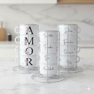 Imagem de Jogo 4 Xícaras Cerâmica Empilháveis Suporte Metal Decoração