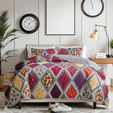 Imagem de ITFRO Conjunto de colcha de retalhos floral, Queen, com 2 fronhas, geométrico, para todas as estações, colcha de microfibra aconchegante para roupa de cama, decoração de casa boêmia festiva lavável