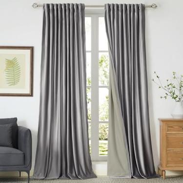 Imagem de Cortinas de veludo 100% blackout cinza prata 259 cm de comprimento para sala de estar, conjunto de 2 painéis forro, bolso de haste, aba traseira, cortinas térmicas para janela, escurecimento de quarto