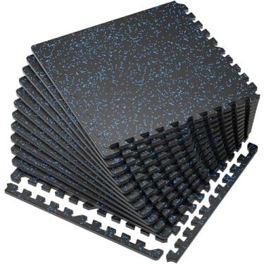 Imagem de SUPERJARE Tapetes de equipamento de exercício de 1,4 cm de espessura, tapetes de espuma EVA de 48 metros quadrados com parte superior de borracha, azulejos de piso de borracha interligados para academia em casa e sala de ginástica, tapete de piso protetor