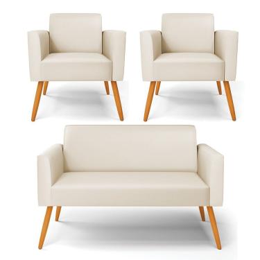 Imagem de Sofá Namoradeira Com 2 Poltronas Pés Palito Castanho Marisa Corino D03 - D\'rossi Cor Bege
