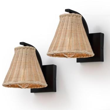Imagem de Conjunto de duas arandelas de parede de vime Boho Rattan com abajur de vime tecido à mão, luminária rústica de montagem na parede interna para quarto, cabeceira, sala de estar, corredor, banheiro