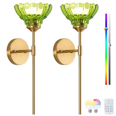 Imagem de Conjunto de 2 arandelas vintage operadas por bateria, luzes de parede RGB recarregáveis sem fio, abajur de vidro verde com controle remoto para porta de cabeceira e quarto