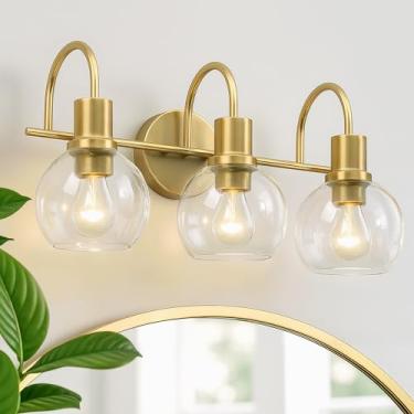 Imagem de Mepplzian Luminárias de banheiro, 3 arandelas de parede douradas, iluminação de latão escovado com persianas de vidro transparente, luzes espelhadas montadas na parede para cozinha, quarto, corredor