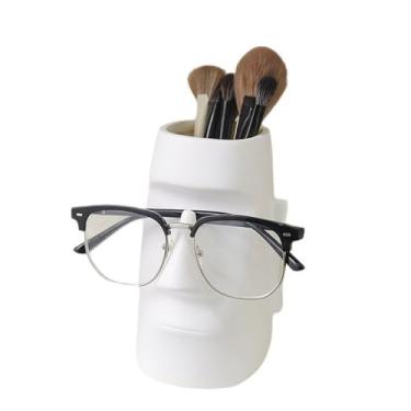 Imagem de Jaugufiy Moai Stone Statue Sculpture Pen Pencil Holder Organizer Eyeglass Holder Rack Cosmetic Brush Holder Decorative Box Pot Makeup Brush Pot