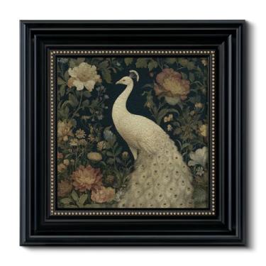 Imagem de Arte de parede emoldurada de pavão branco texturizado 3D vintage 40,6 x 40,6 cm, arte quadrada de pássaro e floral, painel de arenito, impressão botânica, sala de estar, quarto, escritório, casa de