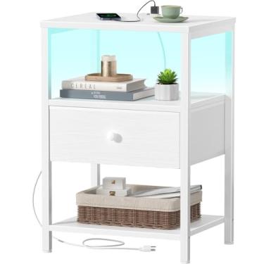 Imagem de BOLUO Mesa de cabeceira branca com estação de carregamento, mesa de cabeceira de LED com gavetas e prateleira de tecido, mesa de cabeceira com portas USB e tomadas, mesa de cabeceira moderna para