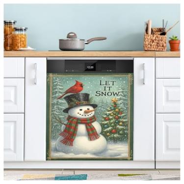 Imagem de Boneco de neve de Natal pássaro lava-louças ímã capa verde decorativo adesivo magnético geladeira painel porta decalque para cozinha casa armário 58.4 cm L * 66.0 cm A