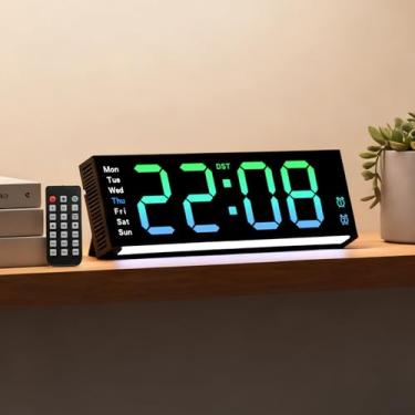 Imagem de Relógio de parede LED de 28 cm com luz RGB fluida, mostrador digital grande para data, hora, temperatura | fácil de ler, alarmes duplos, controle remoto|decoração moderna para casa, cozinha, sala de