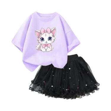 Imagem de Conjunto de 2 Peças Verão para Meninas - Camiseta de Gato e Saia Tutu,