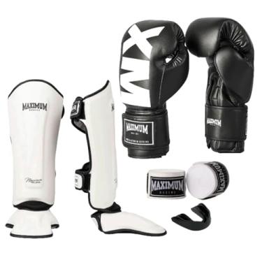 Imagem de Kit Luva de Boxe MXM Preto + Caneleira Muay Thai Classic Branco + Bandagem 3m + Protetor Bucal - Maximum (LUVA 12oz + CANELEIRA G)