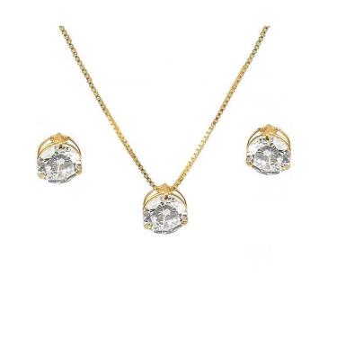 Imagem de Kit Conjunto Corrente + Brinco Ponto Luz, Banhado A Ouro 18K
