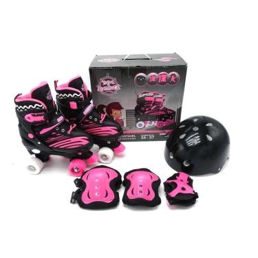 Imagem de Patins 4 Rodas Com Proteção Preto/Rosa 34/37 Unitoys 1513