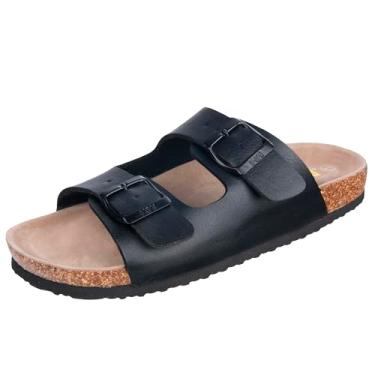 Imagem de Sandália masculina WTW Arizona com 2 tiras de couro PU plataforma, sandálias com palmilha de cortiça deslizante com fivelas duplas de metal ajustáveis, estilo casual, Preto, 10